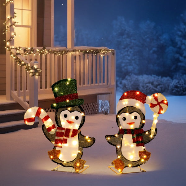 Set Of 2 Lighted Penguin And Candy Cane Christmas Decorations, Pre-lit 2D Holiday Decor With 80 Warm White LED Lights For Xmas Outdoor Indoor Decor Lighted Holiday Displays