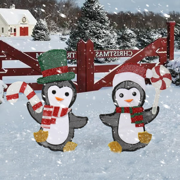 Set Of 2 Lighted Penguin And Candy Cane Christmas Decorations, Pre-lit 2D Holiday Decor With 80 Warm White LED Lights For Xmas Outdoor Indoor Decor Lighted Holiday Displays
